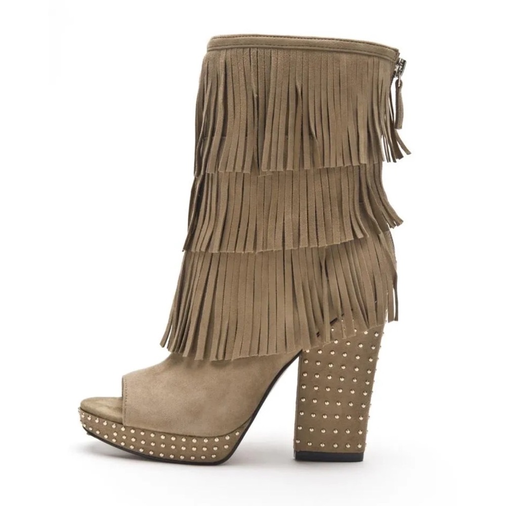 Fringed Tan Ankle Boots with Studded Heel